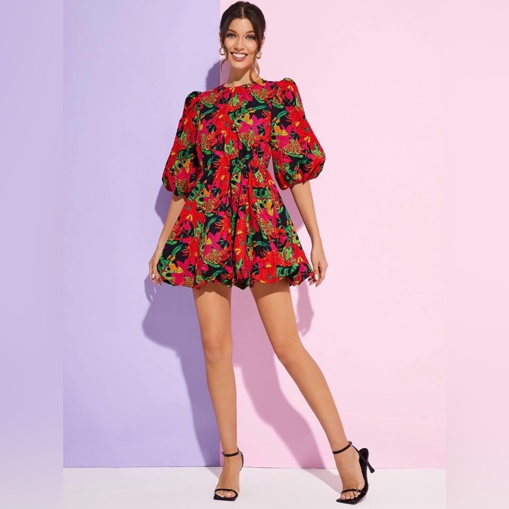 SHEIN Red Floral Puff-Sleeve Mini Dress with Adjustable Waist | Sz XS, NWT